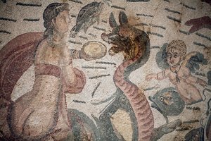 Hall of Arion. Marine scene. Marine creatures. Nereides and tritons. 3rd - 4th century. Roman Villa of the Casale, Sicily. UNESCO site.