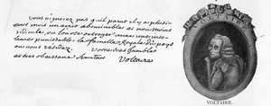 Handwriting and signature of Voltaire, from a letter written at Colmar to the French Minister at the court of Frederick the Great in Berlin, the Chevalier de la Touche, 3 March