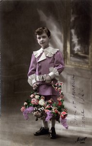 Happy New Year Greeting Card: A Child Holding a Basket of Flowers - Postcard dated 1920