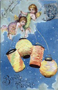 Happy New Year Greeting Card: Two Angels with Lanterns - Postcard dated 1905