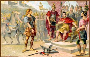 History. Ancient Rome. Vercingetorix surrenders to Julius Caesar in Alesia, 52 BC. Imagery, France, c.1900.