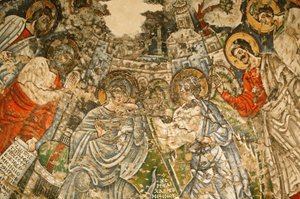 Holy Virgin and Saint John, Kame Coptic Monastery: 9th c. Fresco: The Annunciation. Mary is Surrounded by Prophets Moses, Isaiah, Ezekiel, and Daniel, Egypt