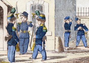 Hunters on foot. Engraving in "Alphabet militaire enfantin". Imagery of Pont-a-Mousson, circa 1890. by Unbekannt