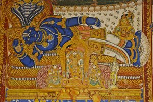 India, Tamil Nadu, Srirangam, Sri Ranganathasvami Hindu Temple (orig 10th century), wall painting of Vishnu.