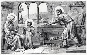 Jesus serving Mary. Alphabet of the child Jesus. Edition of 1932. Woodcarvings signed H G. Private collection by William M. Timlin