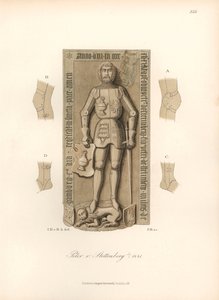 Knight in armor 15th century, with details of the bindings on the knees and elbows. Chromolithography, drawing by Jakob Heinrich von Hefner-Alteneck for his book Costumes, crafts and instruments by Unbekannter Künstler