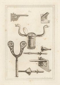 Lance rest, musket rest, coronel from a tilting lance, staff or handle of a tilting lance with hand protector, and tilting lance without hand protector by Unbekannt