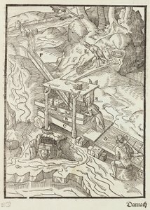 Washing of gold ore - Engraving from Description of ores and main mining methods, by Lazarus Ecker