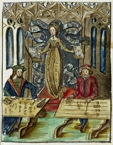 Mathematical instruments in the 16th century: speed calculation competition between Pythagoras (580-500 BC) and Boethius (480-524), Pythagoras uses his counting table (abacus) and Boethius uses algorithms by Unbekannt