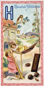 Letter H: Hotel, owl, hammock, harp, axe, hedgehog, hops, dumbbells, chabbing, hamlet. Engraving of the Alphabet edited by Chocolat Suchard, beginning of the 20th century. by Unbekannt