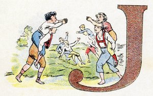 Letter J: Game. Alphabet of Phosphatine Falieres. Engraving. Brevete alphabet S.G.D.G. by pharmacist Pierre Emile Falieres. Illustrations in chromolithography, late 19th century.