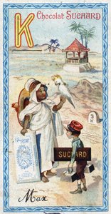 Letter K: kabyle, kepi, kilogram, kakatoes, kiosk, kilometre. Engraving of the Alphabet edited by Chocolat Suchard, beginning of the 20th century by Unbekannt