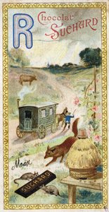Letter R: rays, ruminant, trailer, hive, fox, rats, rose. Engraving of the Alphabet edited by Chocolat Suchard, beginning of the 20th century