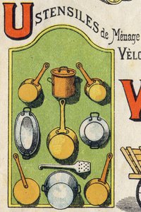 Letter U. Cocote, stove, squirrel, saucepan. Engraving in "ABC Toys". Epinal imaging in chromolithography, circa 1890 by Unbekannt