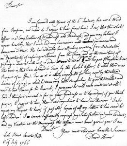 Letter written by David Hume to Richard Davenport referring to the great difficulties of his relationship with Jean-Jacques Rousseau, 8 July