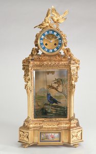 Mantel clock, porcelain-mounted ormolu, with singing bird automaton, French by Unbekannt