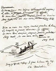 Manuscript by Charles Baudelaire, illustrated with a drawing of a boat by Unbekannter Künstler