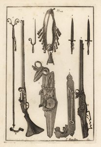 Matchlock musket, lock and bayonet from the Tower of London, bayonet, musket rest and bayonet, musket rest, bandileers and powder flask, wheel lock, and spanner by Unbekannt
