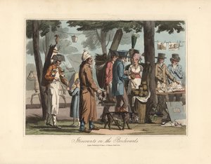 Merchants itinerant on the boulevards, a salesman of herbal tea with his barrel on his back, a blind man with his dog, a porter and a seller of prints. Eau forte after an illustration by Victor Auver, from Un tour through Paris, published by William Sams by Unbekannter Künstler