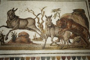 Mosaic of Animal Fighting: Tiger Assaulting Two Night-Primagres by Unbekannt