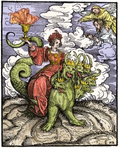 The Great Prostitute of Babylon riding the dragon with 7 heads (Colourful engraving from the New Testament)