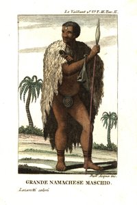 Noble Namaqua Man of South Africa. He wears a fur cape and codpiece, and holds a spear. From Francois Le Vaillant