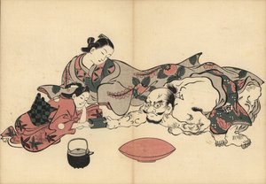 Oiran courtesan watching a trial of strength between her kamuro and Kinpira the famous strong man. Woodblock print by Masanobu Okumura from Fuzoku Emakimono, Picture Scroll of the Water Trade