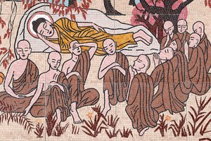 Ong Nui Buddhist pagoda, Wall fresco, The life of the Buddha, After 45 years of teaching the Dharma, the Buddha passed into Parinirvana, Quy Nhon, Vietnam, 2019 by Unbekannt