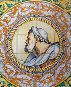 Painted maiolica panel depicting old man