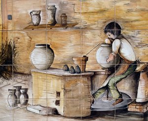 Painted maiolica panel depicting scene of pottery making, handcrafted by Ceramiche Desuir (detail) by William M. Timlin