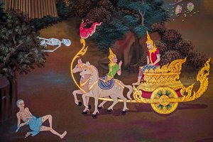 Paintings of village scenes with Buddha in Thailand, Wat Bang Riang, Thub Pat, Phang Nga, Thailand, Asia