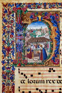 Piccolomini Library: choir book, cod. 2.B, ff. 5v with “Nativity” (detail) by Unbekannter Künstler