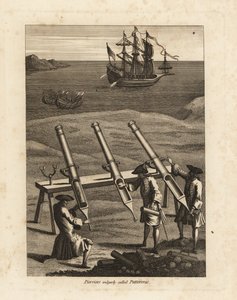 Pierriers firing stones at a ship in a bay by Unbekannt