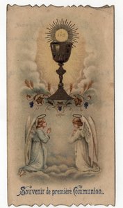 Pious image: two angels pray before a chalice from where a host comes out with the JHS christogram by Unbekannt