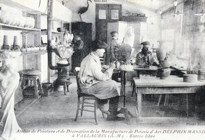 Postcard depicting artisans at work making Delphin Massier art pottery in Vallauris by Benjamin Baud