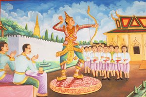 Preah Prom Rath Monastery: Life of the Buddha: Prince Siddhartha Gautama became a champion of swordplay, wrestling and archery, Siem Reap, Cambodia by Unbekannt