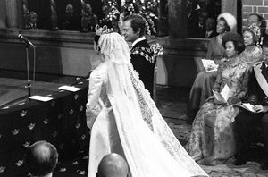 Queen Silvia and King Carl XVI Gustaf during the wedding ceremony in Storkyrkan in Stockholm
