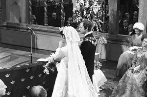 Queen Silvia and King Carl XVI Gustaf during the wedding ceremony in Storkyrkan in Stockholm