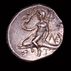 Rare Ancient Greek Coin, Calabria, Tarentum, Taras riding a dolphin holding a trident, Nike above with a Wreath Crown