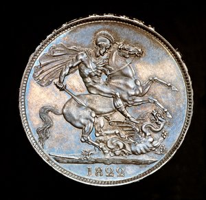 Rare British Coin, King George IV, Proof Silver Crown, Patron saint of England on horseback with sword about to slay the dragon, dies by Benedetto Pistrucci by Unbekannter Künstler