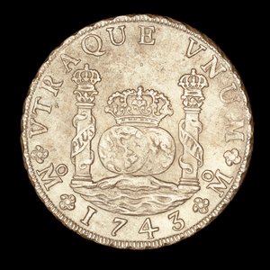 Rare Silver Coin, Spanish America King Ferdinand VI, 8 Reale, Pillars of Hercules on Straits of Gibraltar with globes, crown by Unbekannter Künstler