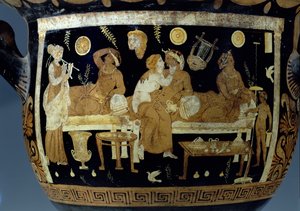 Red and white figure calyx crater: detail depicting banquet scene, Greek (detail)