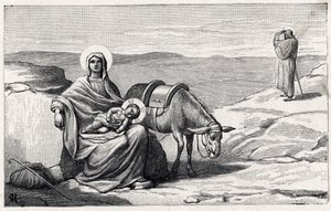 Rest During the Flight to Egypt. Alphabet of the Child Jesus. Edition of 1932. Woodcarvings Signed H G. Private Collection by Unbekannt