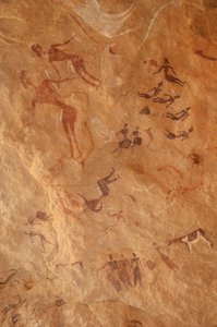 Rock Art, Prehistory: Rock Painting of Characters and Cattle in an Ornate Shelter, Uweinat Massif, Egypt (8000 to 3000 BC) by Unbekannt