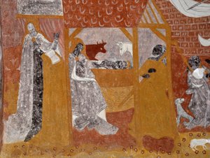 Romanesque art: Frescoes of the funeral chapel Sainte Catherine de Jouhet, France. Nativity by Unbekannter Künstler