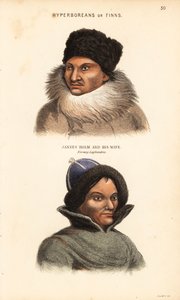 Sami people or Lapps. Jannes Holm in fur hat and collar, and his wife in furtrimmed hat, Norway Laplanders. Hyperboreans or Finns