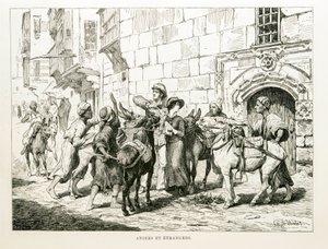 Satirical drawing depicting Western tourists surrounded by donkeys and their drivers - Illustration from the Atlas of Egypt
