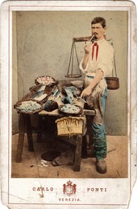 Small Trades: Portrait of Fish Monger, Close to His Stall of Fish, Venice - 19th Century by Unbekannt