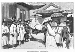 The Korean Minister for Foreign Affairs, Cho Pyong-Sik, making an official visit, is carried in a litter through the streets of Seoul