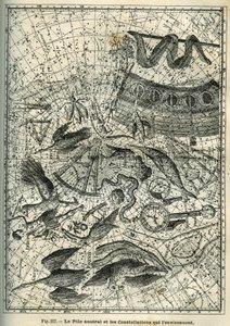 The Southern Pole and the surrounding constellations: Among the many constellations of the Southern Pole are the Indian, the Phoenix, the Bream, the Octant, the Clock, the Compass and the Ship. Engraving from Camille Flammarion